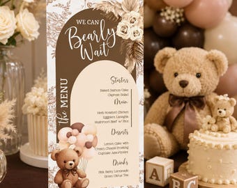 Menù a tema orsacchiotto per baby shower, modello stampabile e modificabile.