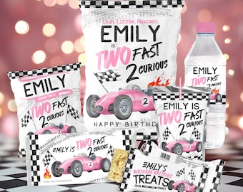 May include: A collection of party supplies with a racing theme. The items include bags of chips, candy bars, a water bottle, and a cup. The text on the items reads "Emily is Two Fast 2 Curious" and features a pink race car.