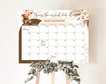 Baby Due Date Calendar Baby Prediction Game Boho Bear Baby Shower Guess Baby's Due Date We Can Bearly Wait gender neutral Baby Shower BBT3