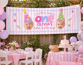 Its Fun To Be One Backdrop Banner, Canva Template, First Birthday 72 by 24 inches Banner Girl, Pastel 1st Birthday Photo Digital Download