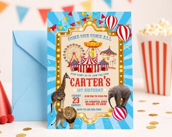 Puede incluir: Una vibrante invitación de cumpleaños con temática de circo. El diseño presenta una noria, un tiovivo y una carpa de circo. Incluye una jirafa, un león y un elefante. La invitación es para el 1er cumpleaños de Carter.