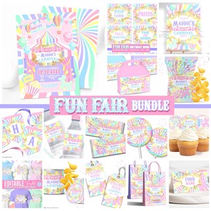May include: A collection of pastel-colored carnival-themed party supplies. Includes invitations, banners, water bottle labels, gift bags, cupcake toppers, and more. The text "Maddie's Carnival" and "Fun Fair Bundle" are visible on many items. The invitation includes the date May 30, 2023.