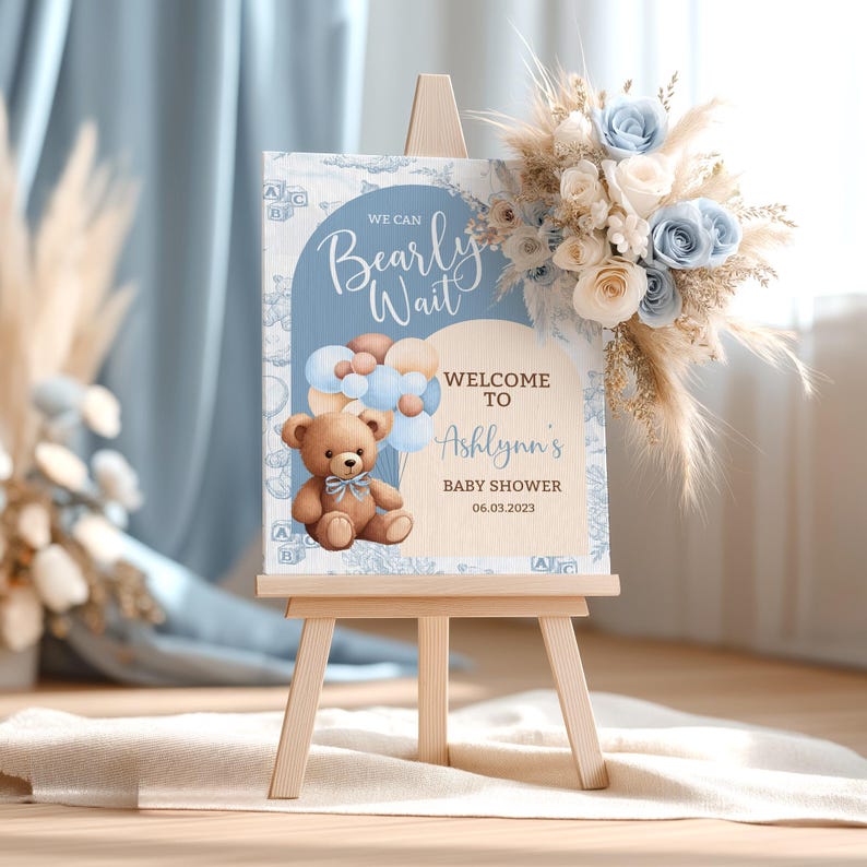 Teddy Bear Baby Shower Welcome Sign, Boho Bear Boy Decor (Digital Download) image 1