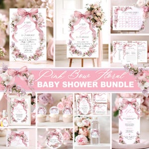 May include: A baby shower bundle with a pink bow and floral theme. The bundle includes invitations, signs, and decorations. The text "A Sweet Little Girl Is On Her Way" is visible on several items. The overall colour scheme is pink and white.