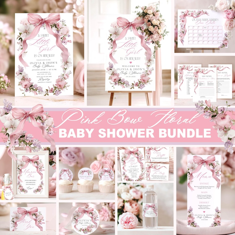 May include: A baby shower bundle with a pink bow and floral theme. The bundle includes invitations, signs, and decorations. The text "A Sweet Little Girl Is On Her Way" is visible on several items. The overall colour scheme is pink and white.
