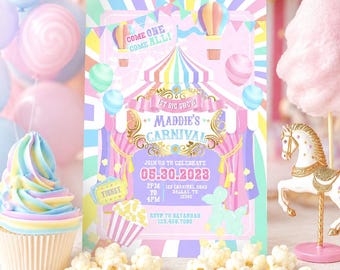 Carnival Birthday Invitation Editable Text Template: Pastel Circus Party (Digital Download) CB10