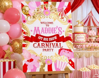 Panneau de bienvenue d'anniversaire de carnaval de cirque : modèle modifiable (téléchargement numérique)