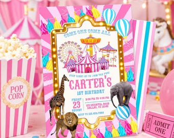 Pink circus birthday invitation printable template