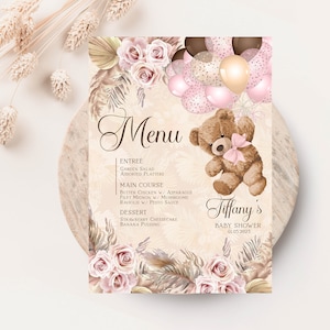 Teddybär Ballons Babyparty Menü Vorlage Druckbare rosa Teddybär Karte Menükarte Bearbeitbare Vorlage Sofortiger Download Bär Boho TB11