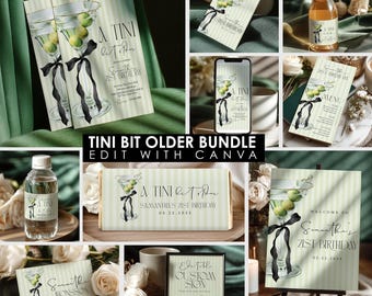 May include: A collection of party supplies with a martini theme. The items include invitations, a chocolate bar, a sign, and a water bottle, all featuring a martini glass with olives and a black ribbon. The text reads "A Tini Bit Older" and "Samantha's 21st Birthday".