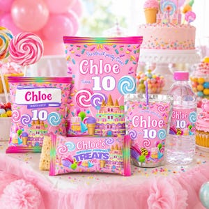 May include: Pink party supplies with the name "Chloe" and the number "10" printed on them. Items include snack bags, a tumbler, a water bottle, and a candy bar. The theme is a birthday party with a cake and balloons.