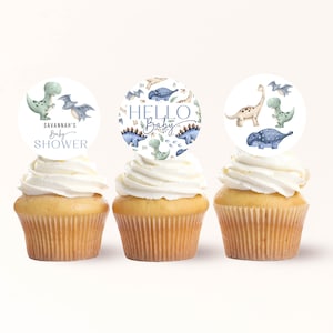 Dinosaur Cupcake Toppers Editable Jurassic Baby shower Printable template Dinosaur Party Decoration Circle Topper INSTANT DOWNLOAD BS200