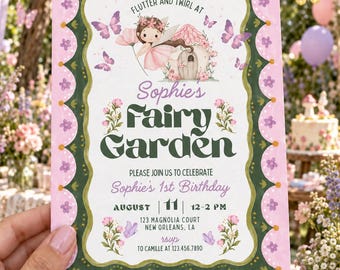 Fairy Garden First Birthday Invitation, Editable Girl Party Template