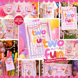 May include: A birthday party bundle featuring a two much fun theme with pink and white striped backgrounds, colorful bunting, and star accents. The set includes invitations, cupcake toppers, a t-shirt, a welcome sign, and party favor bags.