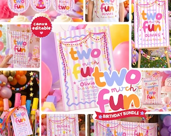 Two Much Fun 2nd Birthday Party Bundle, Retro Girl Editable Templates