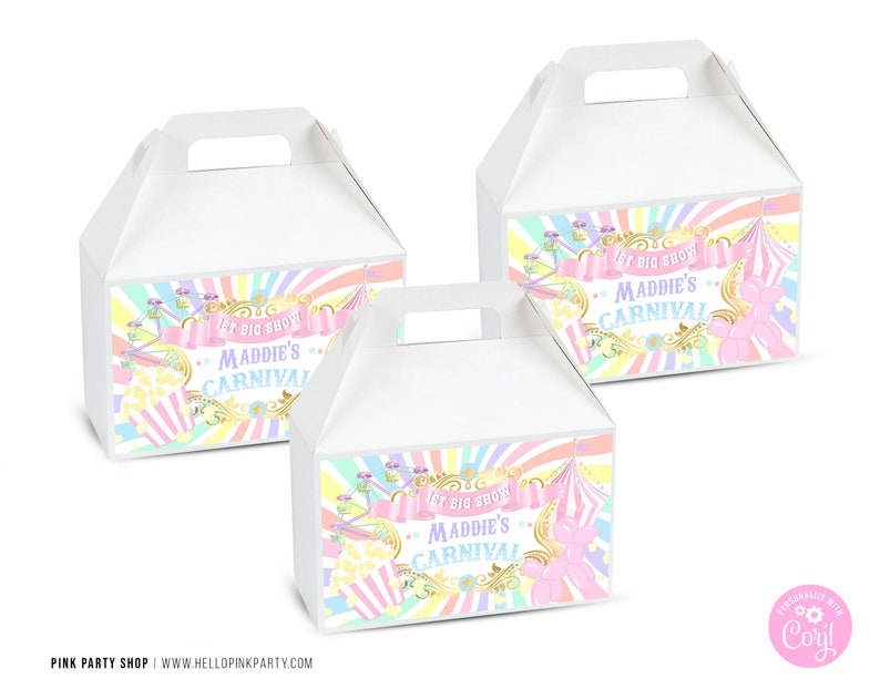 May include: Three white gable boxes with handles, each featuring a colorful carnival-themed design. The design includes a Ferris wheel, popcorn, and the text "Maddie's Carnival". The boxes are ideal for party favors.