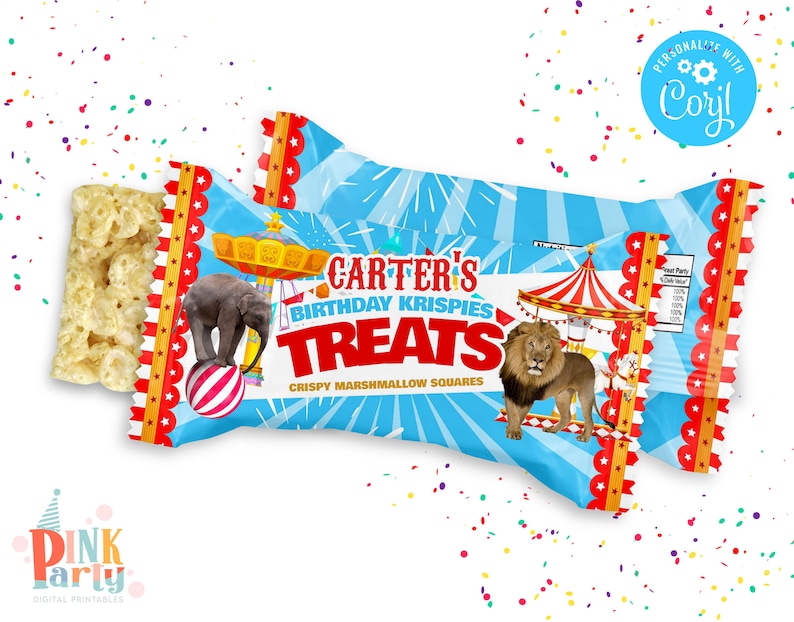 K&ouml;nnte beinhalten: Zwei blau-wei&szlig;e T&uuml;ten mit Zirkusmotiven, darunter ein Elefant auf einem Ball und ein L&ouml;we. Die T&uuml;ten sind mit "Carter's Birthday Krispies Treats Crispy Marshmallow Squares" beschriftet.