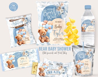 Bear baby shower favors Bundle Template Blue Bear baby shower editable wrapper boy minimal modern baby shower we can bearly wait gift BBT2