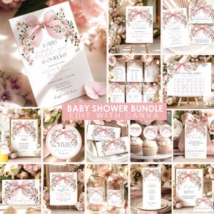 May include: A collection of baby shower stationery in shades of pink and white, featuring floral and bow designs. Includes invitations, signs, and labels with text like "A sweet little girl is on her way!" and "Baby Shower Bundle Edit with Canva."