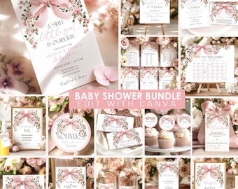 Op de afbeelding: Een verzameling baby shower briefpapier in roze en wit, met bloemen- en strikdesigns. Inclusief uitnodigingen, borden en labels met tekst als "A sweet little girl is on her way!" en "Baby Shower Bundle Edit with Canva."