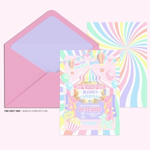 May include: A pink invitation suite with a carnival theme. The invitation features a circus tent design with balloons and hot air balloons. The envelope is pink with a light purple interior. The invitation text reads "Maddie's Carnival".