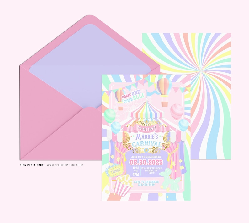 May include: A pink invitation suite with a carnival theme. The invitation features a circus tent design with balloons and hot air balloons. The envelope is pink with a light purple interior. The invitation text reads "Maddie's Carnival".