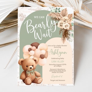 Editable We Can Bearly Wait Baby Shower Invitation Balloon Bear Baby Shower Invite Gender Neutral Boho Bear Baby Shower Invite BSL1