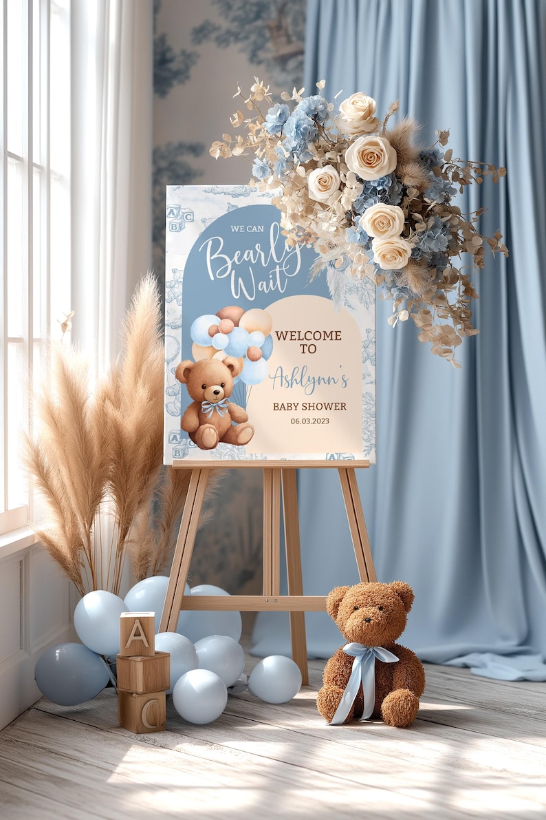 Teddy Bear Baby Shower Welcome Sign, Boho Bear Boy Decor (Digital Download) image 2