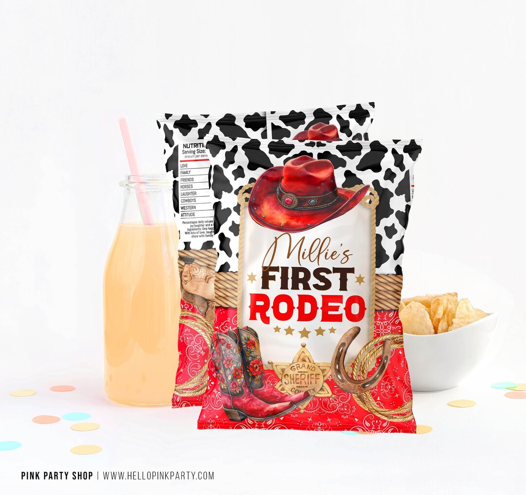 Cowgirl 1st Rodeo Chip Bag: Red Western Birthday (editable Template ...