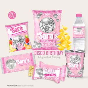 May include: Pink and silver party favor bags with a disco ball design. The bags are labeled with the name "Sara's Disco Party".