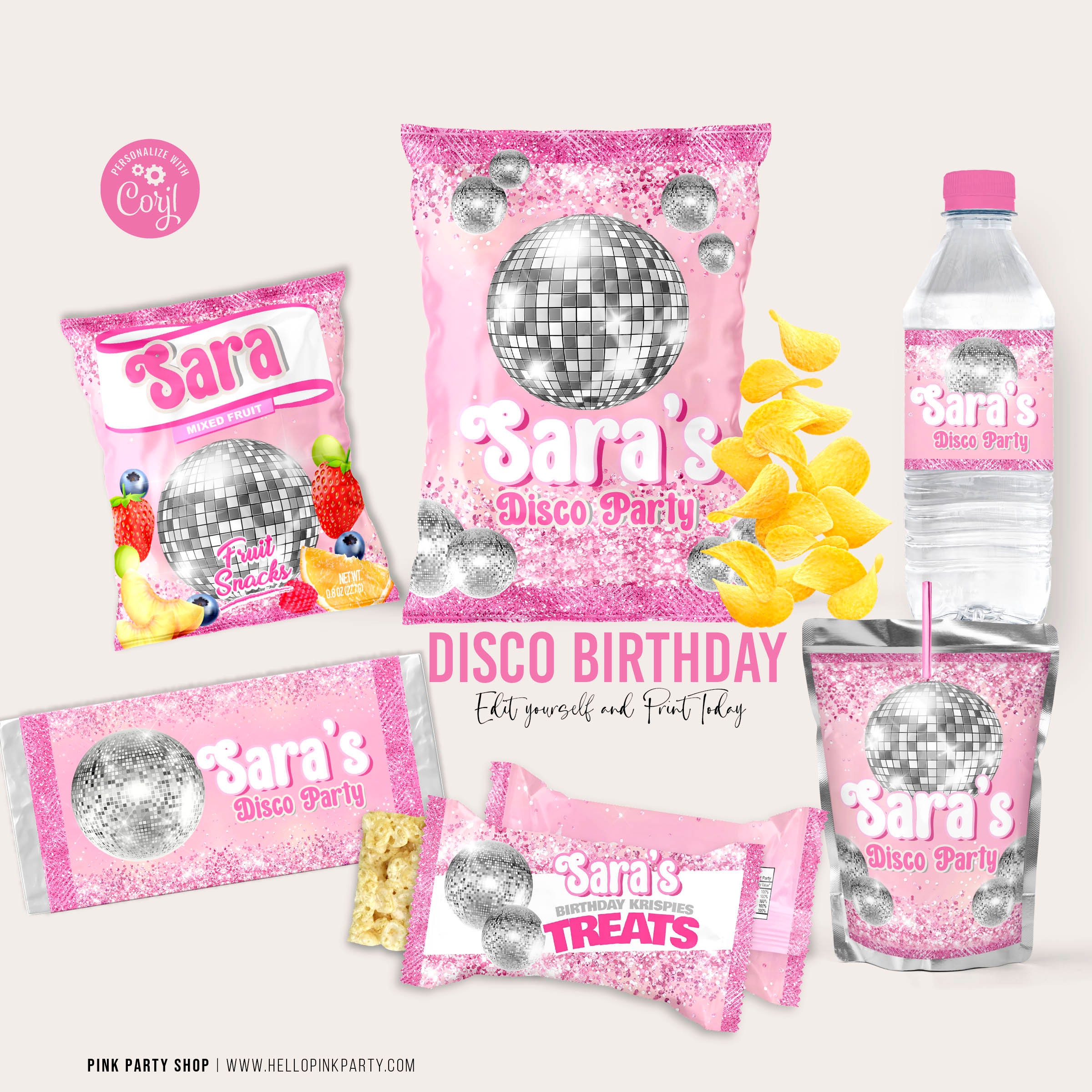 Disco Ball Birthday Party Bundle Kit, Template Printable, Retro Disco ball Birthday chip bag Editable template party favors Decorations