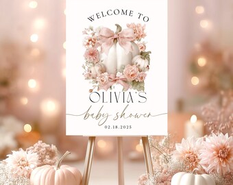 Pink Pumpkin Baby Shower Welcome Sign, Floral Bow (Editable Template)
