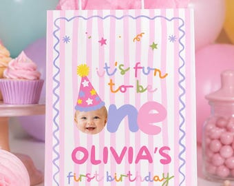 Its Fun To Be One Gift Bag Label, Editable Canva Template Digital Download