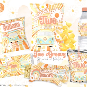 Pacchetto modificabile Two Groovy Birthday Party Daisy Hippie Boho Retro Favors etichette Pacchetto festa di compleanno Download istantaneo modello STAMPABILE