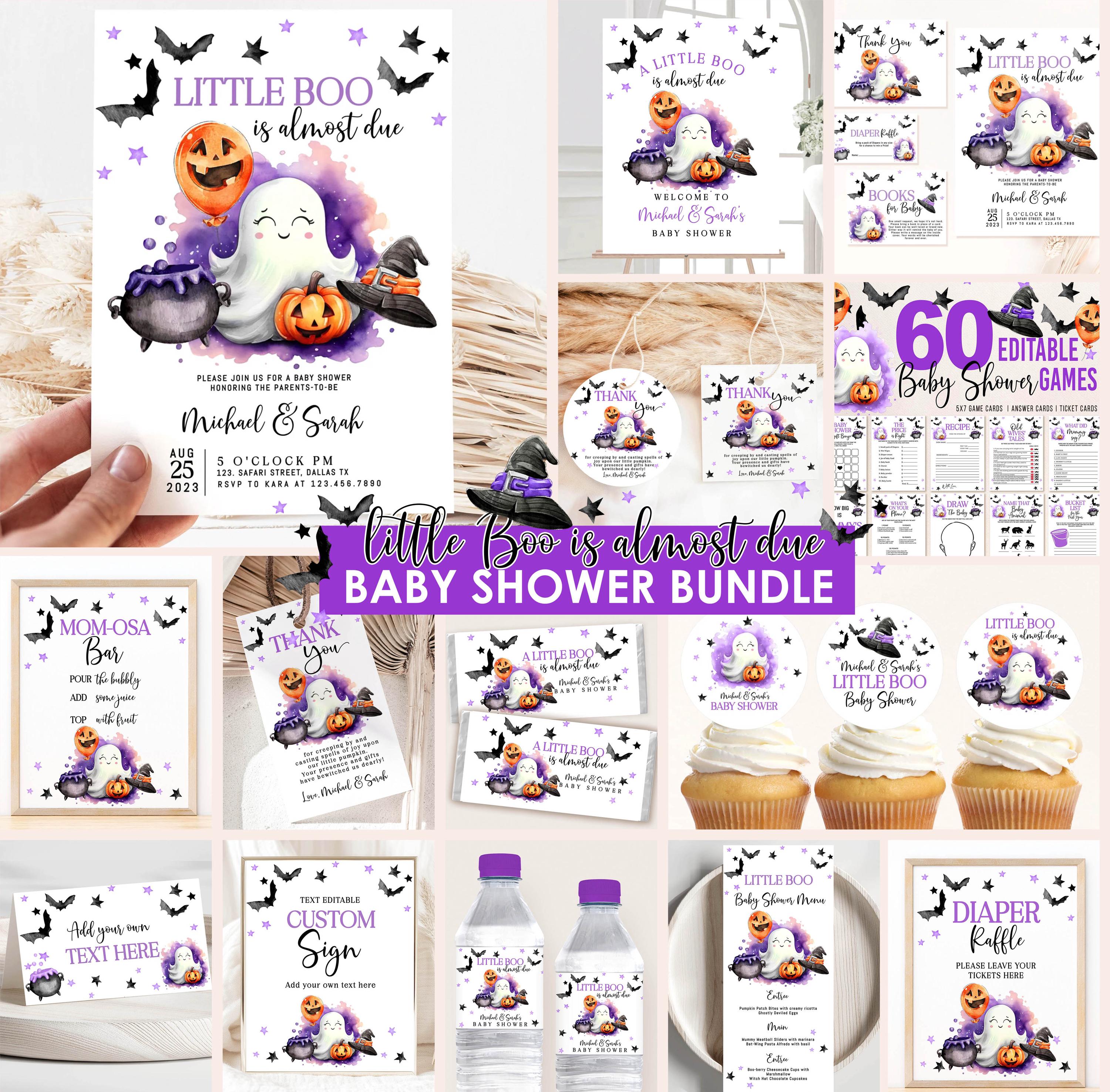 Little Boo Baby Shower Bundle Editable template Cute purple Ghost Baby Shower Invitation Bundle girl Halloween Baby Games and Signs LBS3