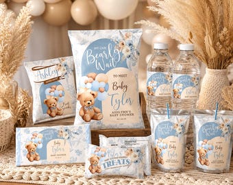 May include: Baby shower party supplies featuring a teddy bear theme. The items include snack bags, water bottles, and treat bags with the text "Bearly Wait to Meet Baby Tyler". The color scheme is light blue, beige, and white.