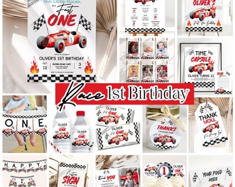 Bearbeitbares Rennauto 1. Geburtstags-Partydekorations-Bundle Vintage Rennauto (Digitaler Download)