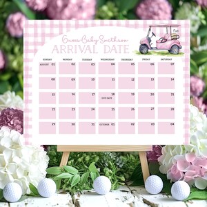 Bearbeitbarer Golf-Babyparty-Fälligkeitsdatumskalender Let's Par-Tee Babyparty Poster Abschlagszeit Babyparty Errate das Fälligkeitsdatum Spiel für Mädchen BS226
