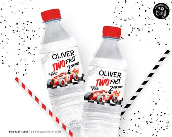 Etiqueta para botella de agua de segundo cumpleaños de coche de carreras: Fiesta de dos rápidos (Plantilla digital) FO001