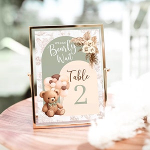Número de mesa de urso para impressão, sinal de mesa editável para chá de bebê, cartão de número personalizado para mesa, boho, gênero neutro, chá de bebê bsl1