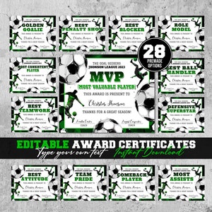 Bearbeitbare Fußballpreis-Urkunde Saisonende-Fußball-Preiszeremonie-Urkunde Fußball-Team-Party druckbare Fußball-Dekor-Spieldiplom