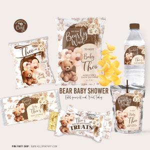 Bär Babypartybevorzugungen Bundle-Vorlage Neutralbär Babyparty bearbeitbare Verpackung Junge minimale moderne Babyparty können wir Bären warten BBT3