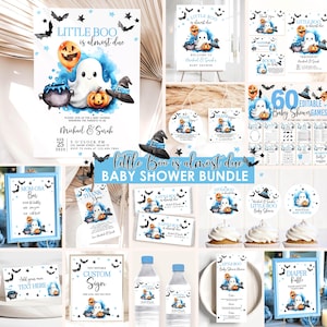 Little Boo Baby Shower Bundle Editable template Cute Blue Ghost Baby Shower Invitation Bundle boy Halloween Baby Games and Signs LBS1