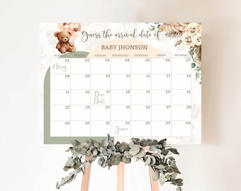 May include: A printable baby shower game with a calendar for guests to guess the arrival date of Baby Jhonson. The calendar is decorated with a teddy bear, balloons, and floral accents.