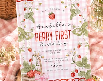 Strawberry First Birthday Invitation, Berry Sweet Girl Party Invite (Canva Template)