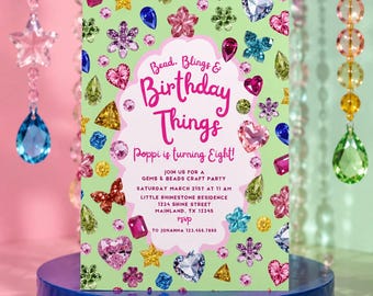 Gems and Beads 8th Birthday Invitation, Editable Craft Party Canva Template