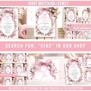 May include: A selection of pink baby shower stationery featuring floral and bow motifs. The text reads "A Sweet Little Girl Is On Her Way!" and "Olivia & Jhon's Baby Shower". The image also includes the text "Pink Bow Floral Baby Shower Bundle".