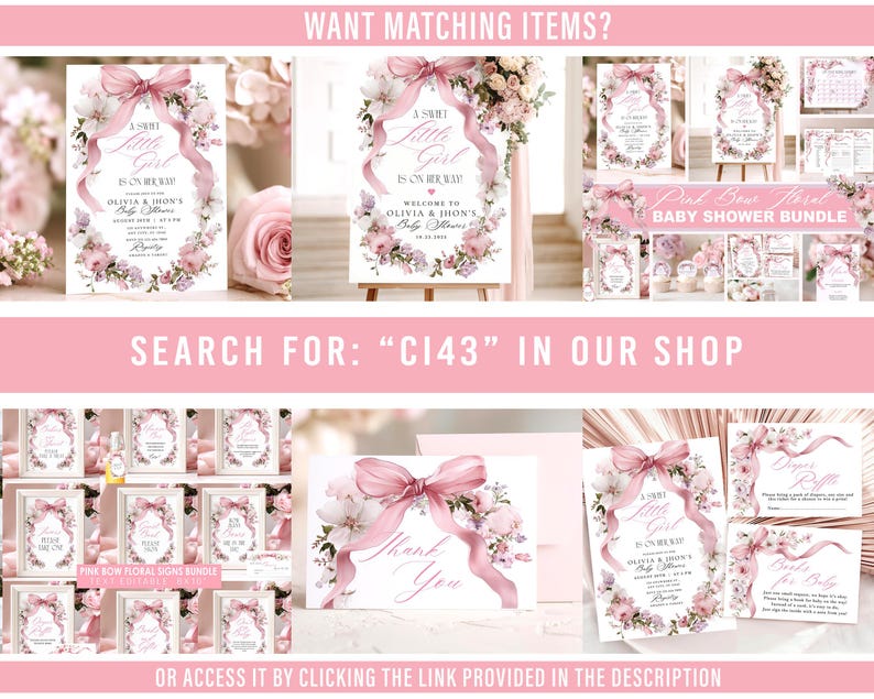 May include: A selection of pink baby shower stationery featuring floral and bow motifs. The text reads "A Sweet Little Girl Is On Her Way!" and "Olivia & Jhon's Baby Shower". The image also includes the text "Pink Bow Floral Baby Shower Bundle".