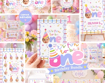 Its Fun To Be One Birthday Party Bundle, Editable Canva Template Girl, First Birthday Invitation Printable Package Digital Download