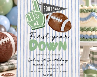 Football First Birthday Invitation, First Year Down Editable Canva Template